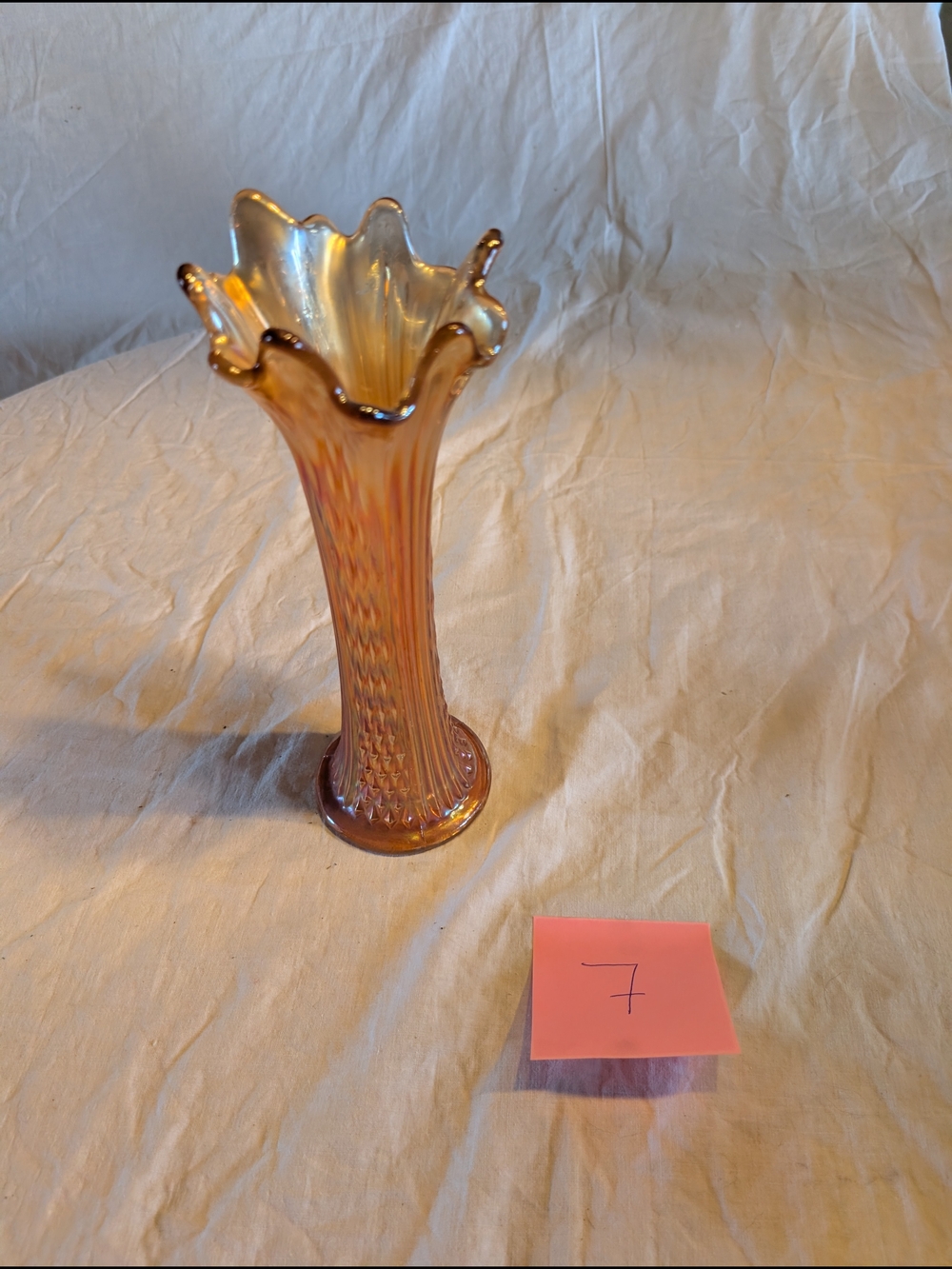 2/80$ Iridescent Amber Ruffled Trumpet Vase